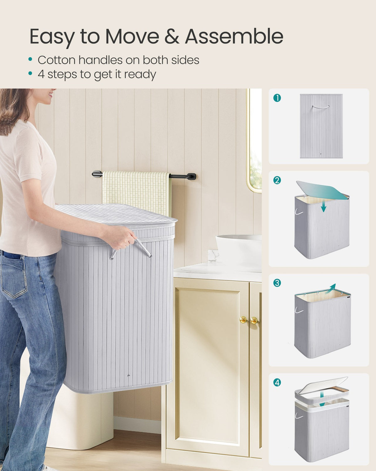 Bamboo Laundry Hamper, 72 L, Removable Liner, Natural Beige - image 12