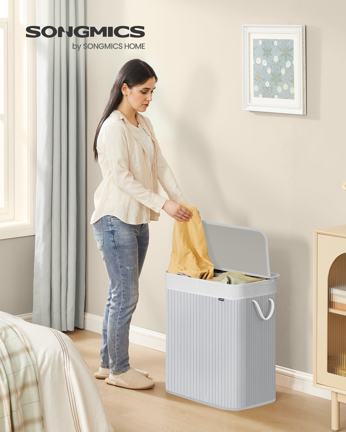 Bamboo Laundry Basket, 100 L, 2 Compartments, Grey - image 2