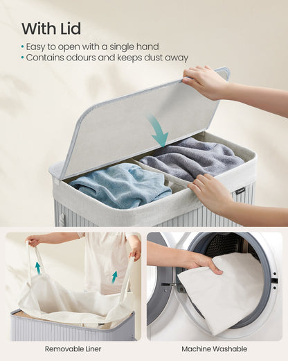 Bamboo Laundry Basket, 100 L, 2 Compartments, Grey - image 3