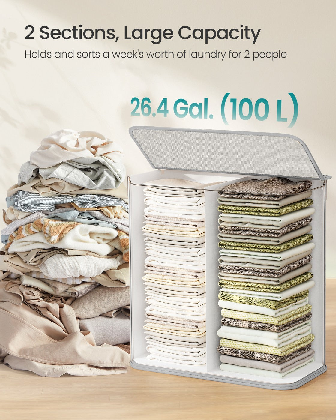 Bamboo Laundry Basket, 100 L, 2 Compartments, Grey - image 4