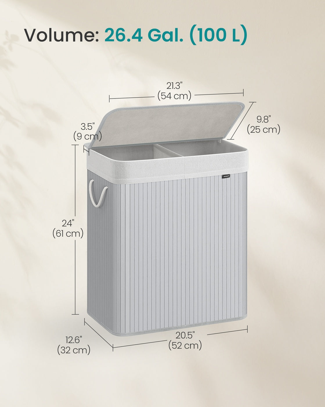 Bamboo Laundry Basket, 100 L, 2 Compartments, Grey - image 5
