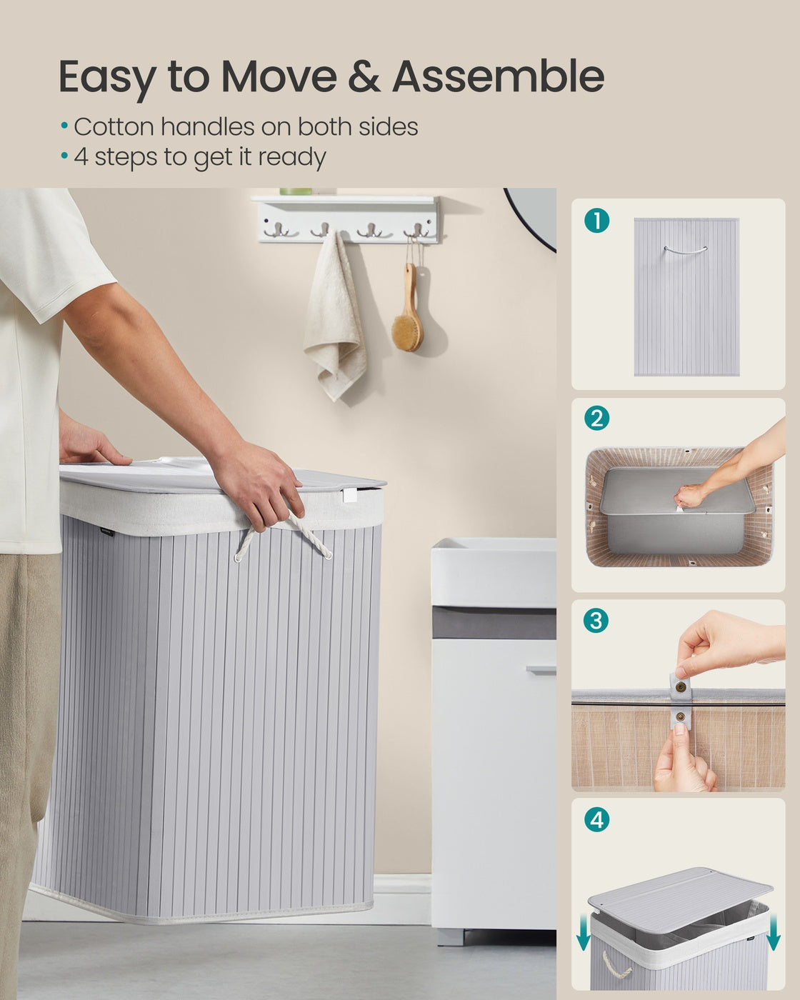 Bamboo Laundry Basket, 100 L, 2 Compartments, Grey - image 6