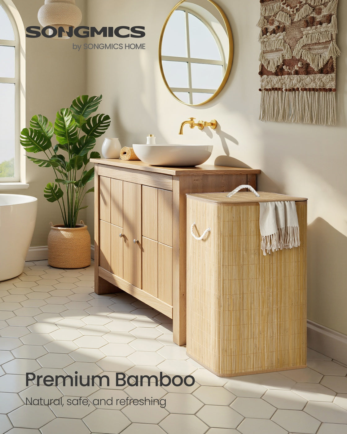 90L Bamboo laundry basket with lid and washable liner Natural Colour - image 2
