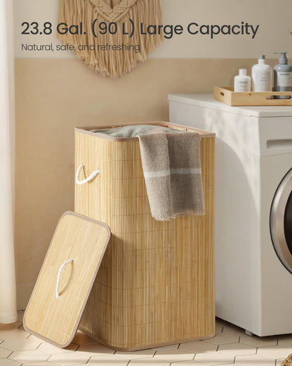 90L Bamboo laundry basket with lid and washable liner Natural Colour - image 3