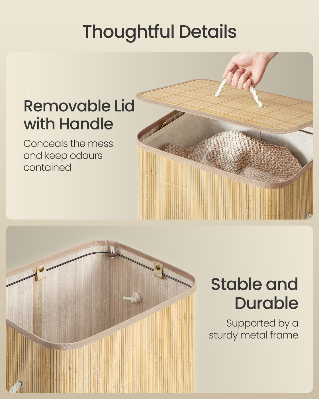 90L Bamboo laundry basket with lid and washable liner Natural Colour - image 5