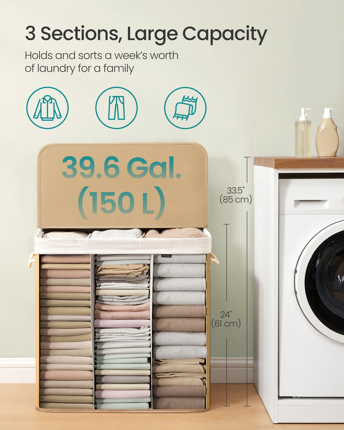 Laundry Basket 150 L 3 Compartments Wood Colour - image 5