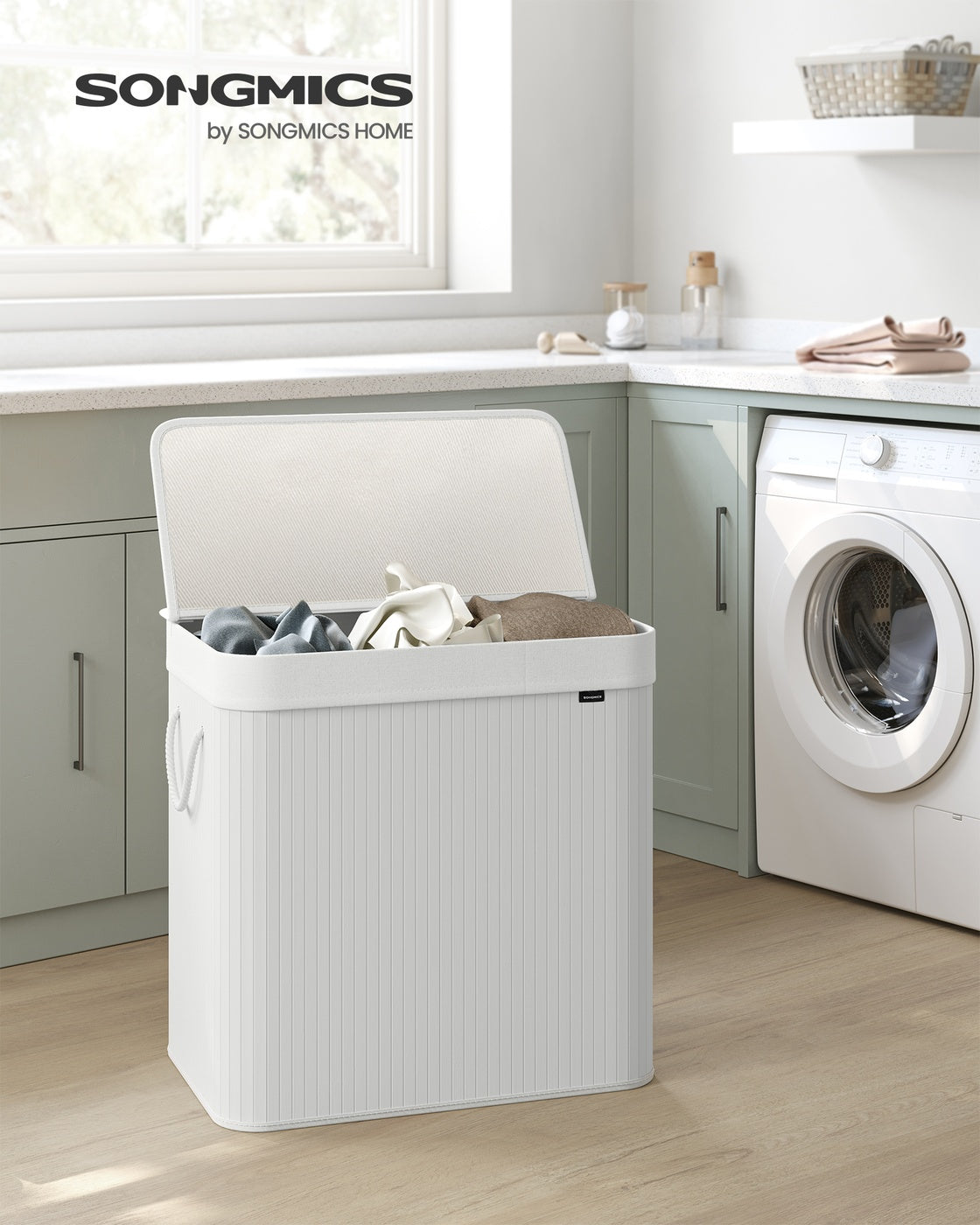 150L Laundry Hamper Basket with 3 Sections Cloud White - image 2