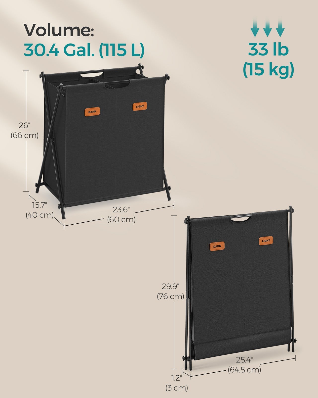 115 L Laundry Hamper with 2 Sections and X-Frame Ink Black - image 6