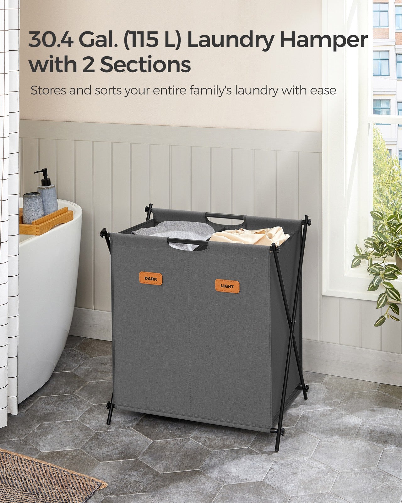 115 L Laundry Hamper with 2 Sections and X-Frame Slate Grey - image 3