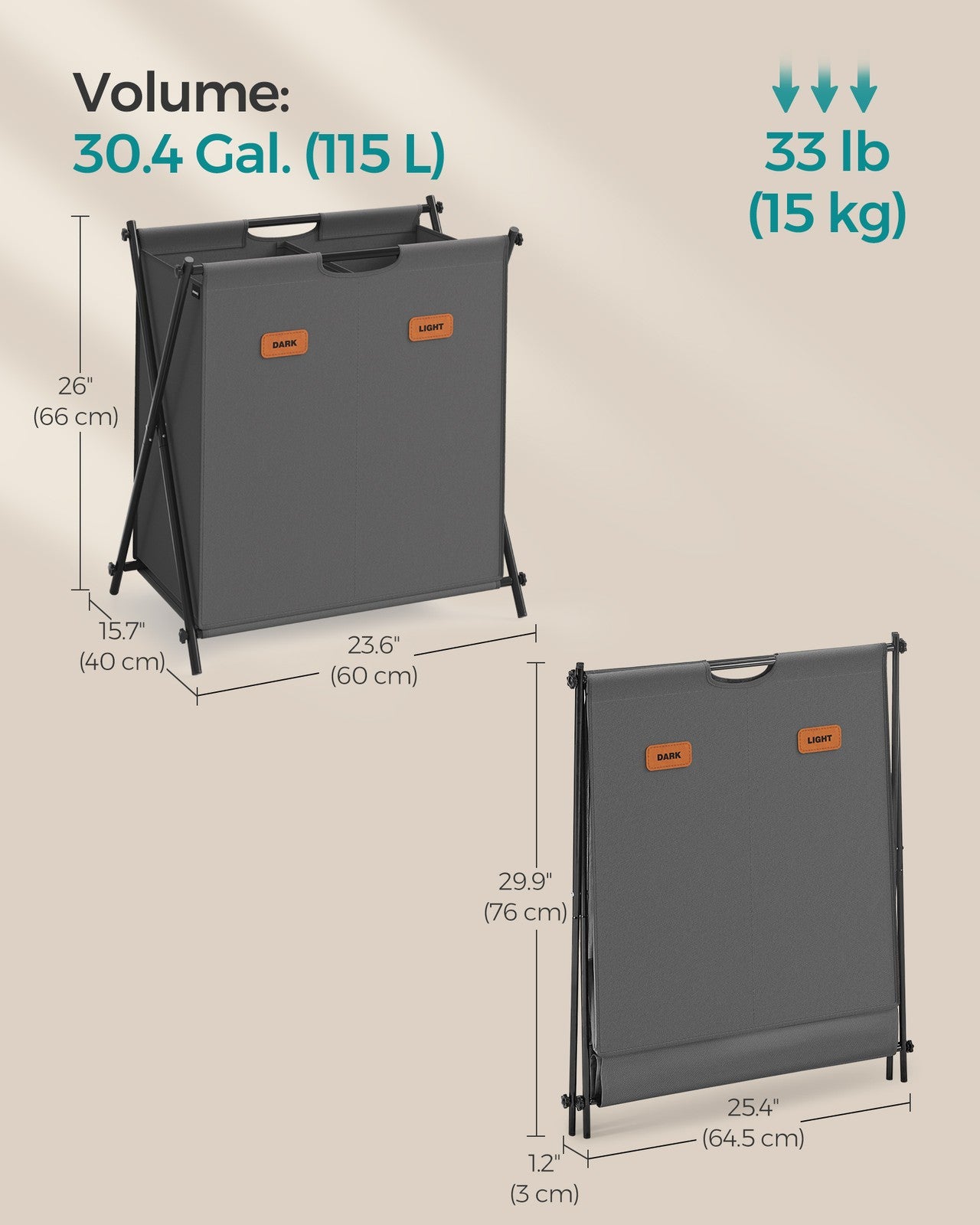 115 L Laundry Hamper with 2 Sections and X-Frame Slate Grey - image 6