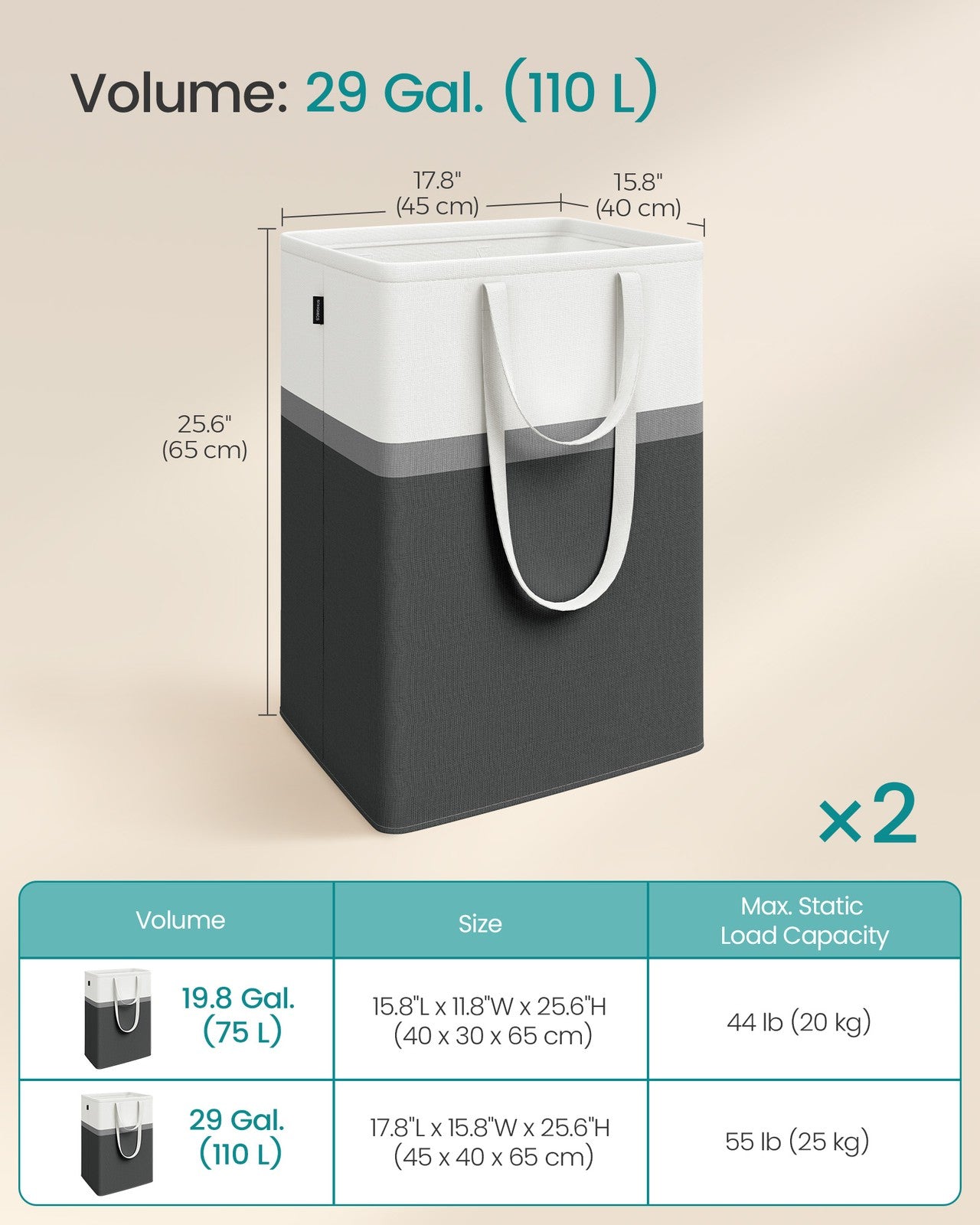 75 L Collapsible Laundry Hampers Set of 2 Dove Grey - image 12