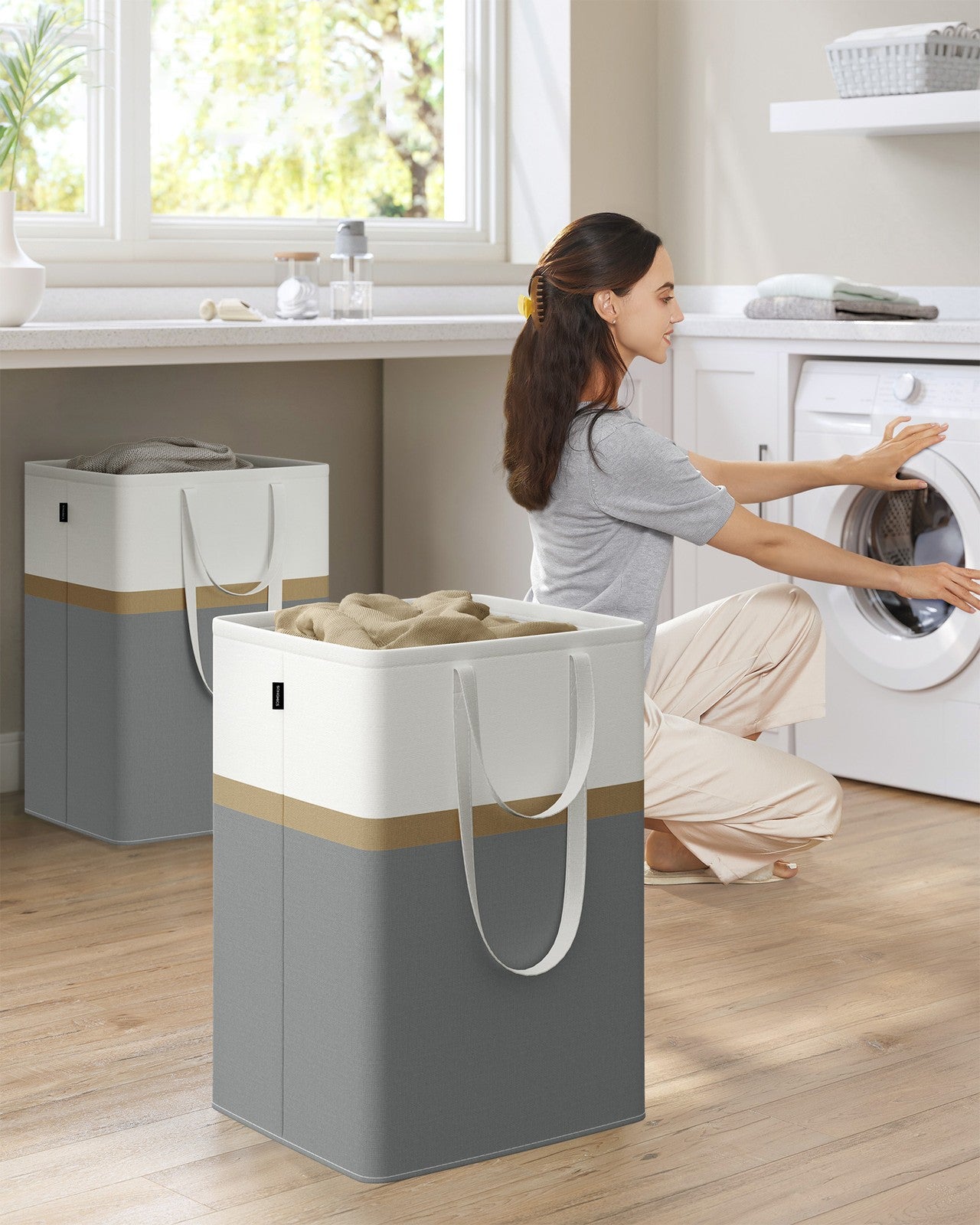 75 L Collapsible Laundry Hampers Set of 2 Dove Grey - image 14
