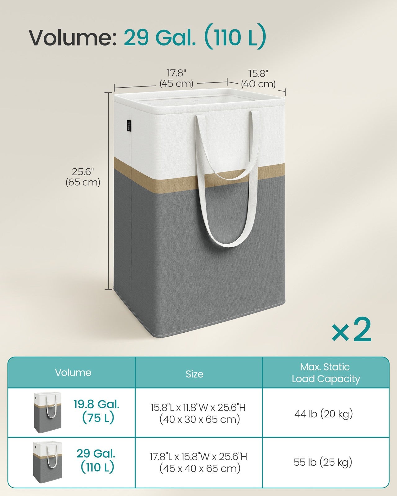 75 L Collapsible Laundry Hampers Set of 2 Dove Grey - image 18