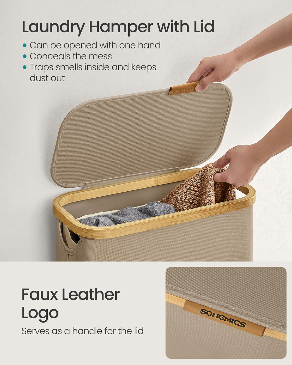 Laundry Basket with Lid 90L 42 x 32 x 70.5 cm Cream White - image 12