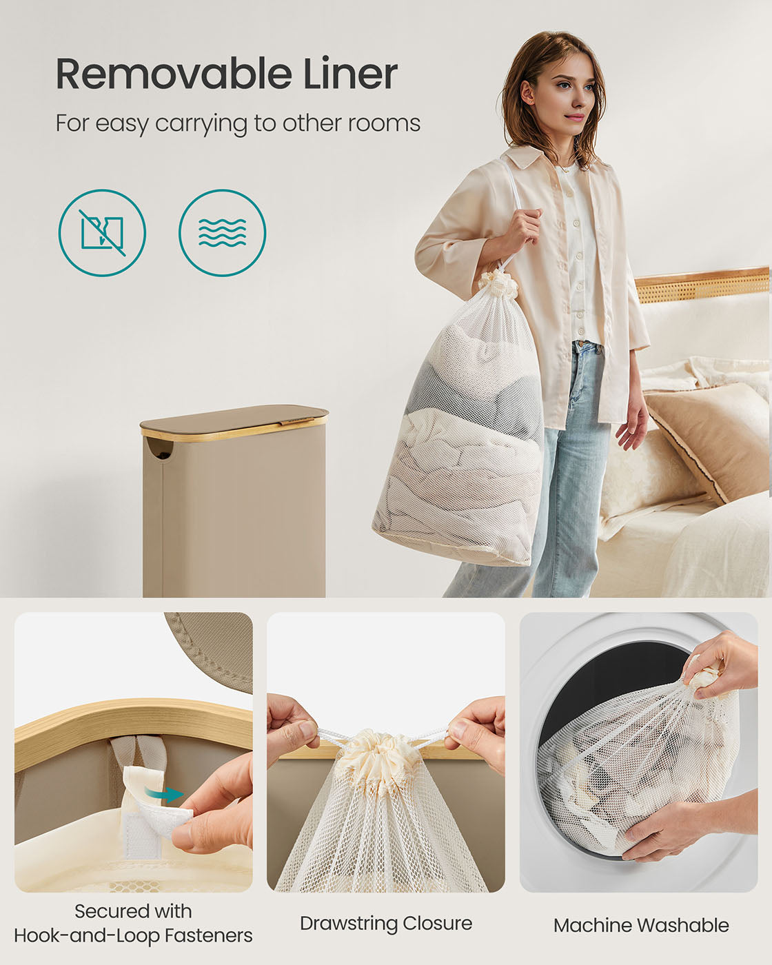 Laundry Basket with Lid 90L 42 x 32 x 70.5 cm Cream White - image 13