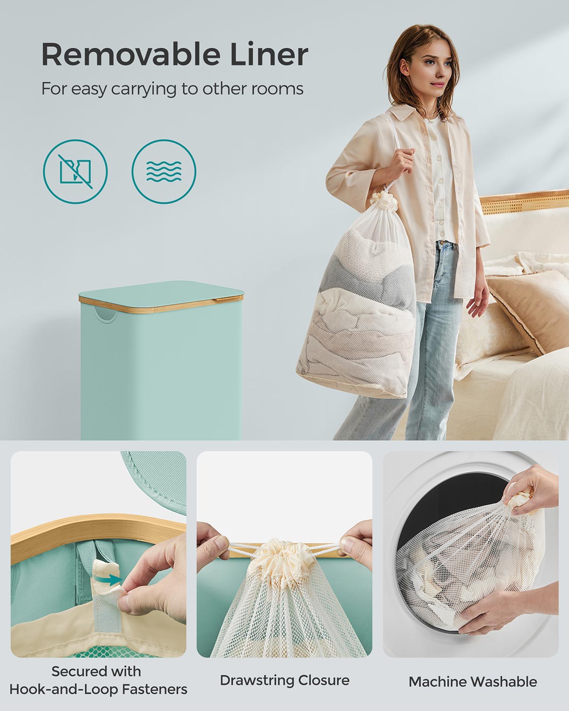 Laundry Basket with Lid 90L 42 x 32 x 70.5 cm Cream White - image 5
