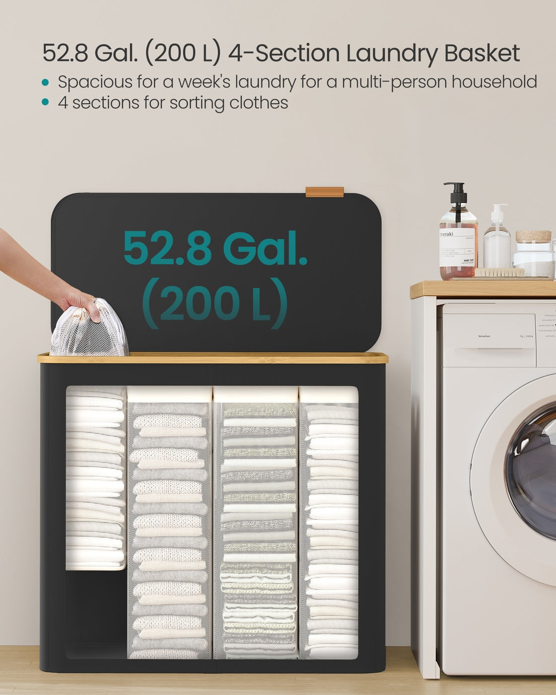 Laundry Basket with Lid 65L Space-Saving 42 x 22.5 x 70.5 cm Ink Black - image 52