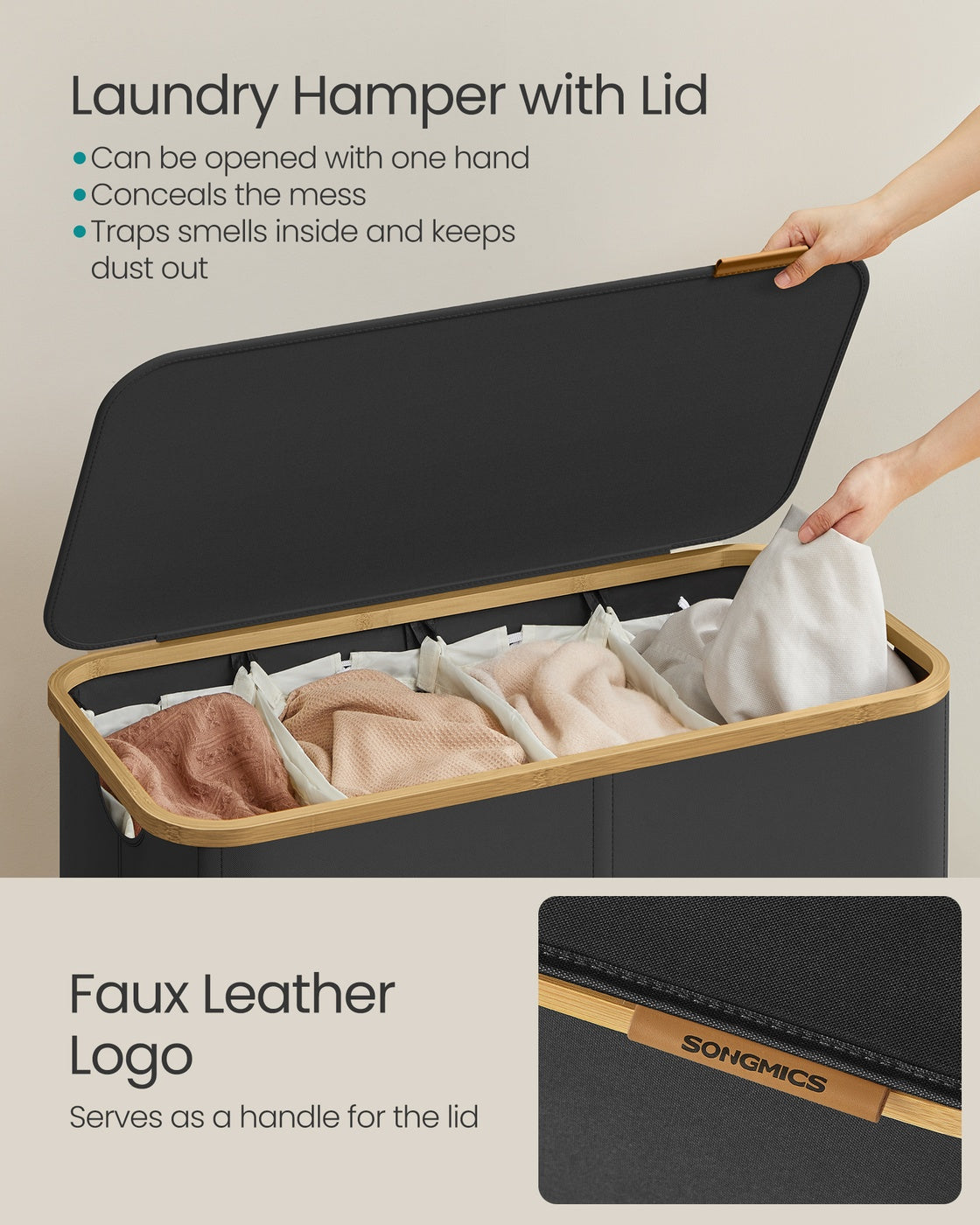 Laundry Basket with Lid 65L Space-Saving 42 x 22.5 x 70.5 cm Ink Black - image 53