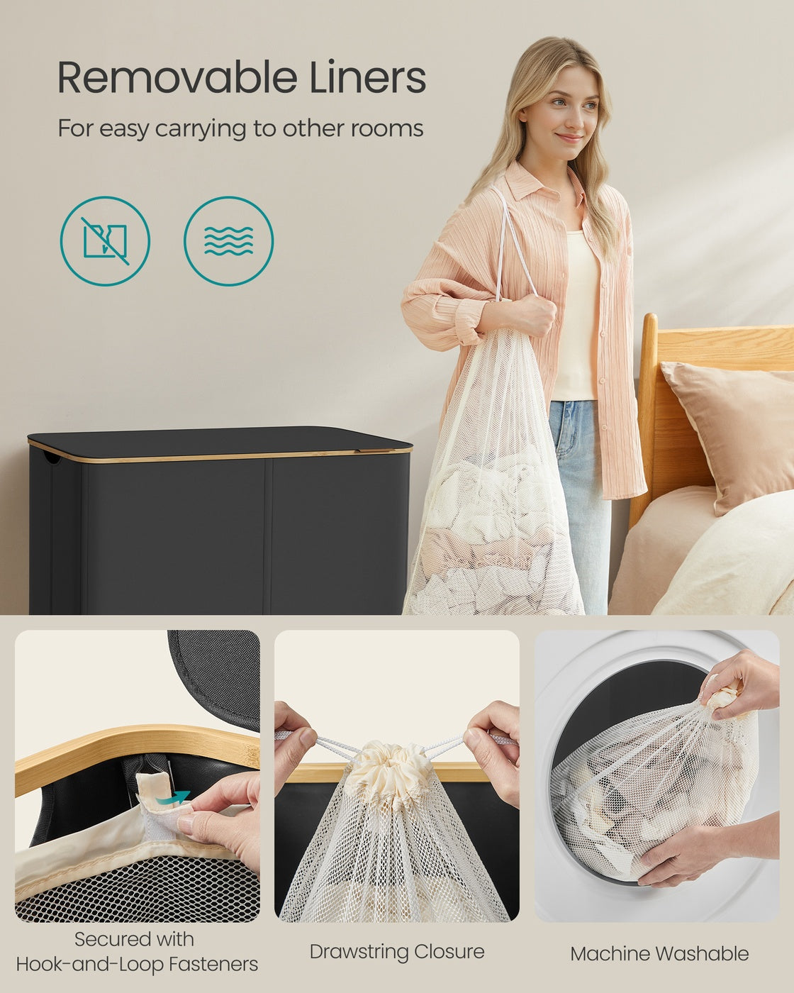 Laundry Basket with Lid 90L 42 x 32 x 70.5 cm Cream White - image 21