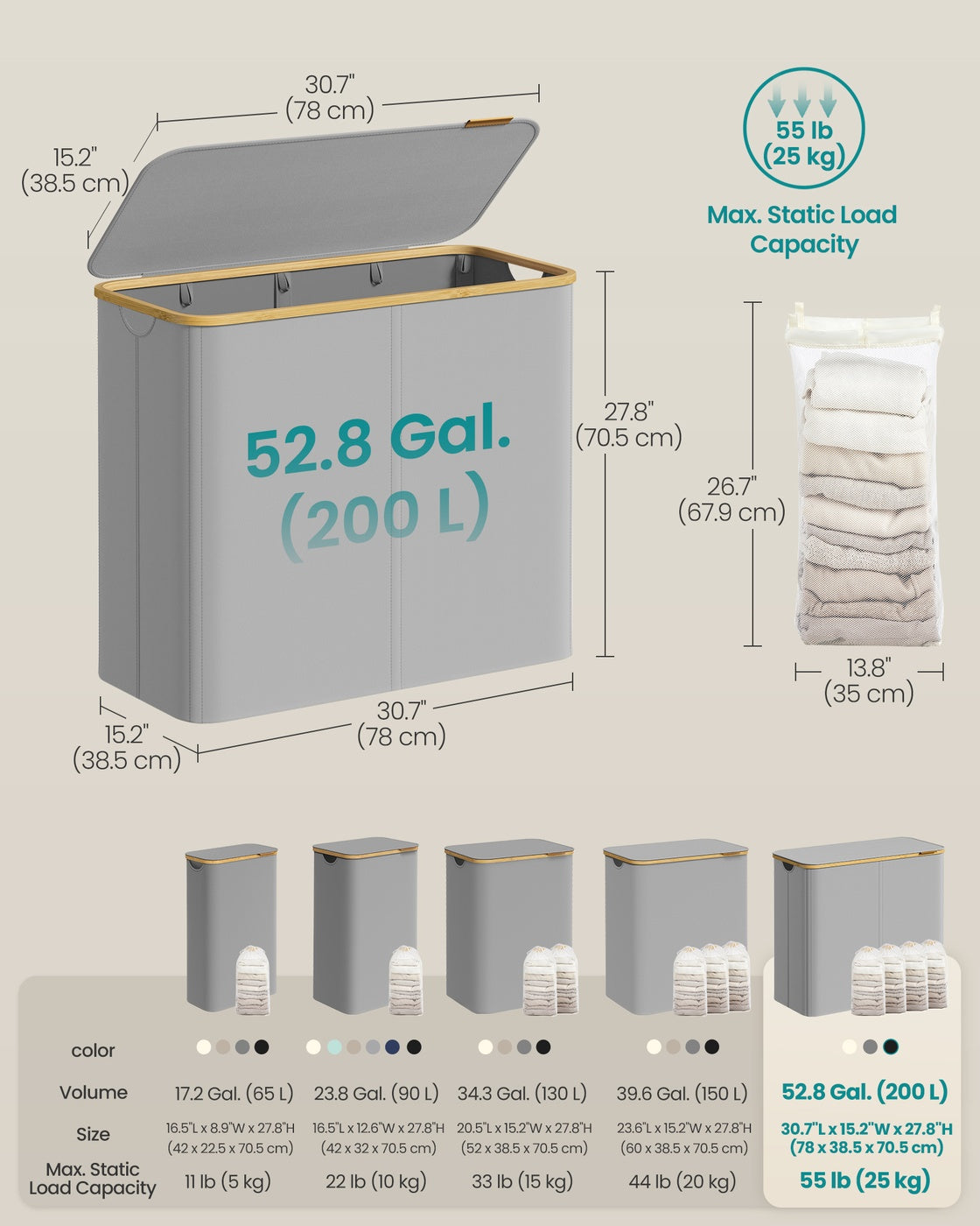 Laundry Basket with Lid 65L Space-Saving 42 x 22.5 x 70.5 cm Ink Black - image 62