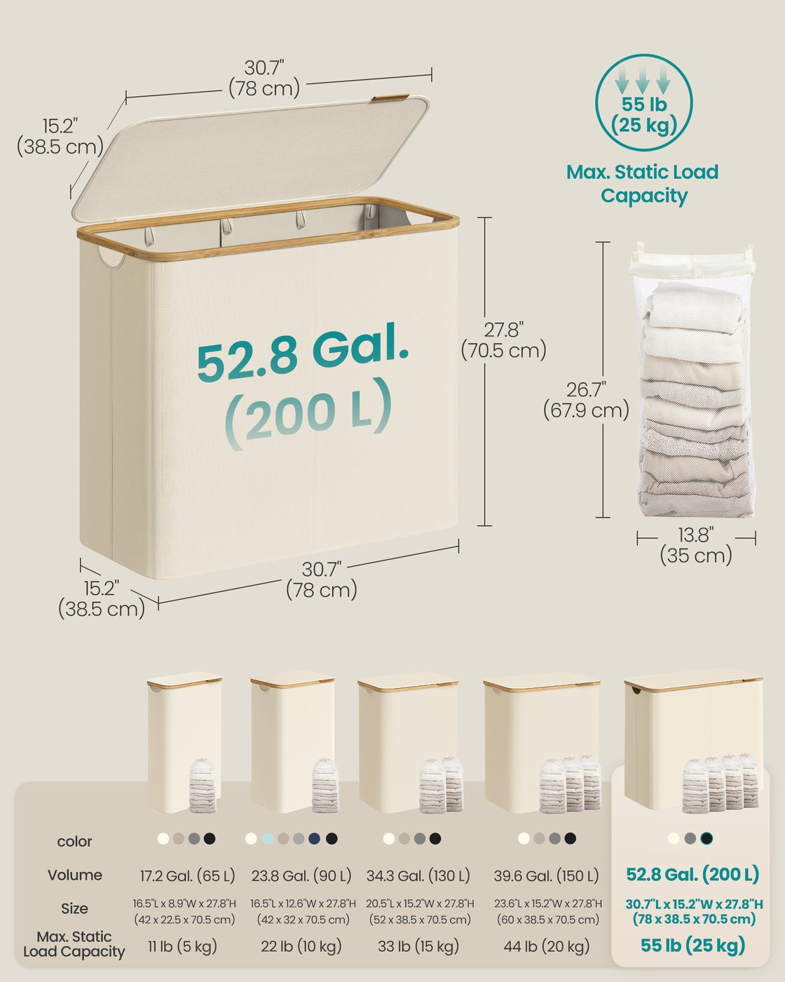 Laundry Basket with Lid 65L Space-Saving 42 x 22.5 x 70.5 cm Ink Black - image 69
