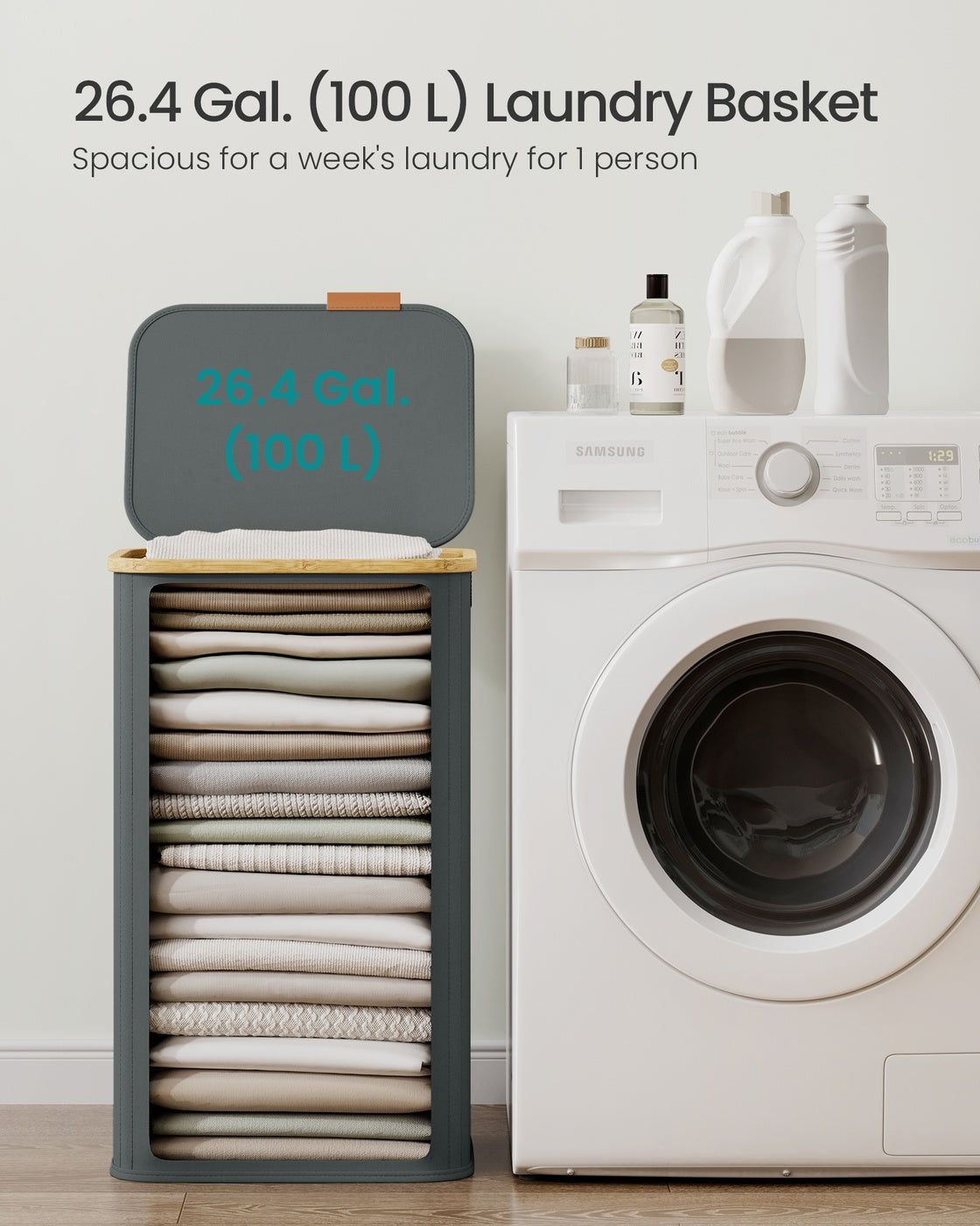 Laundry Hamper with Lid 26.4 Gal. (100 L) 42 x 32 x 70.5 cm Ink Black - image 12