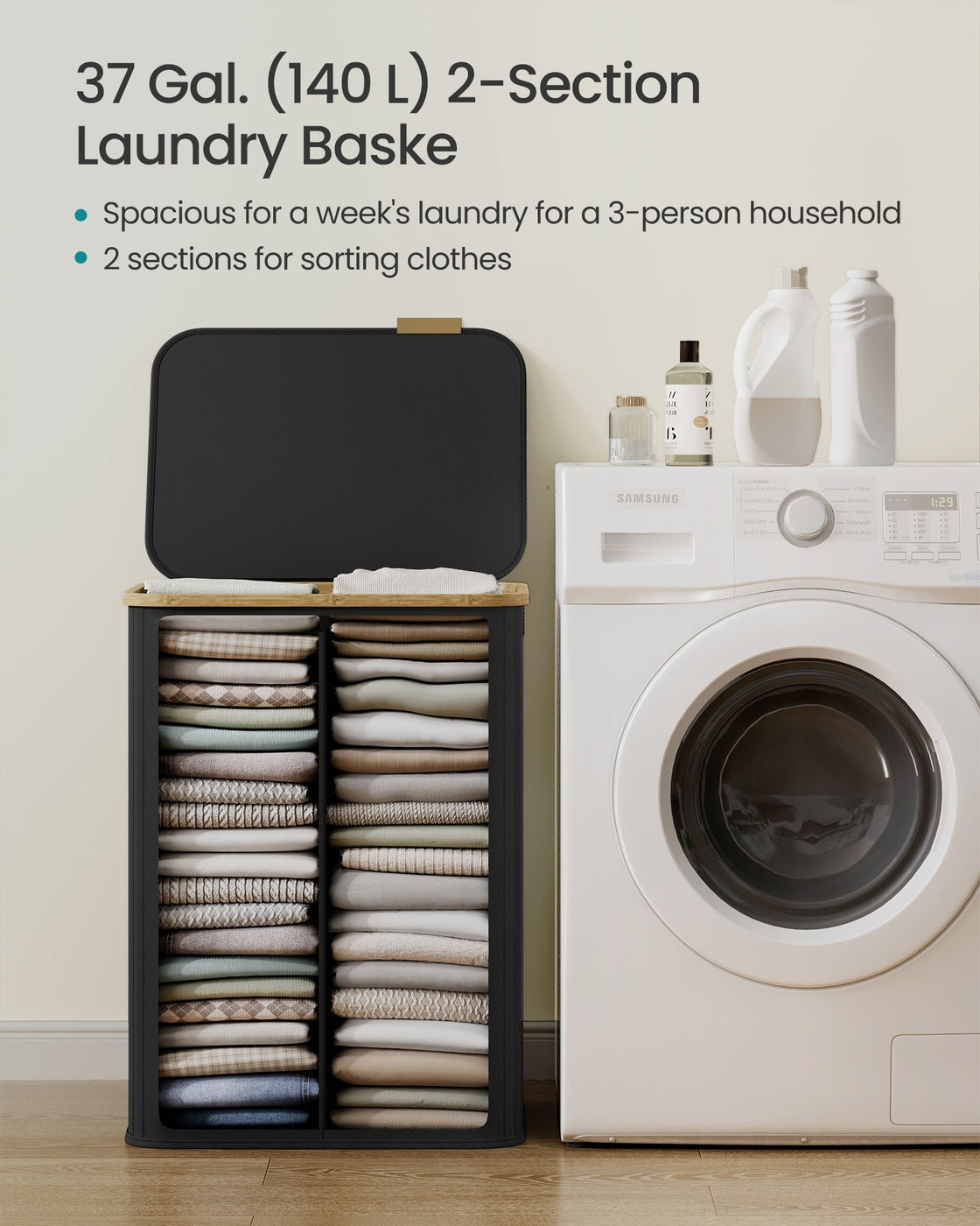 Laundry Hamper with Lid 26.4 Gal. (100 L) 42 x 32 x 70.5 cm Ink Black - image 38