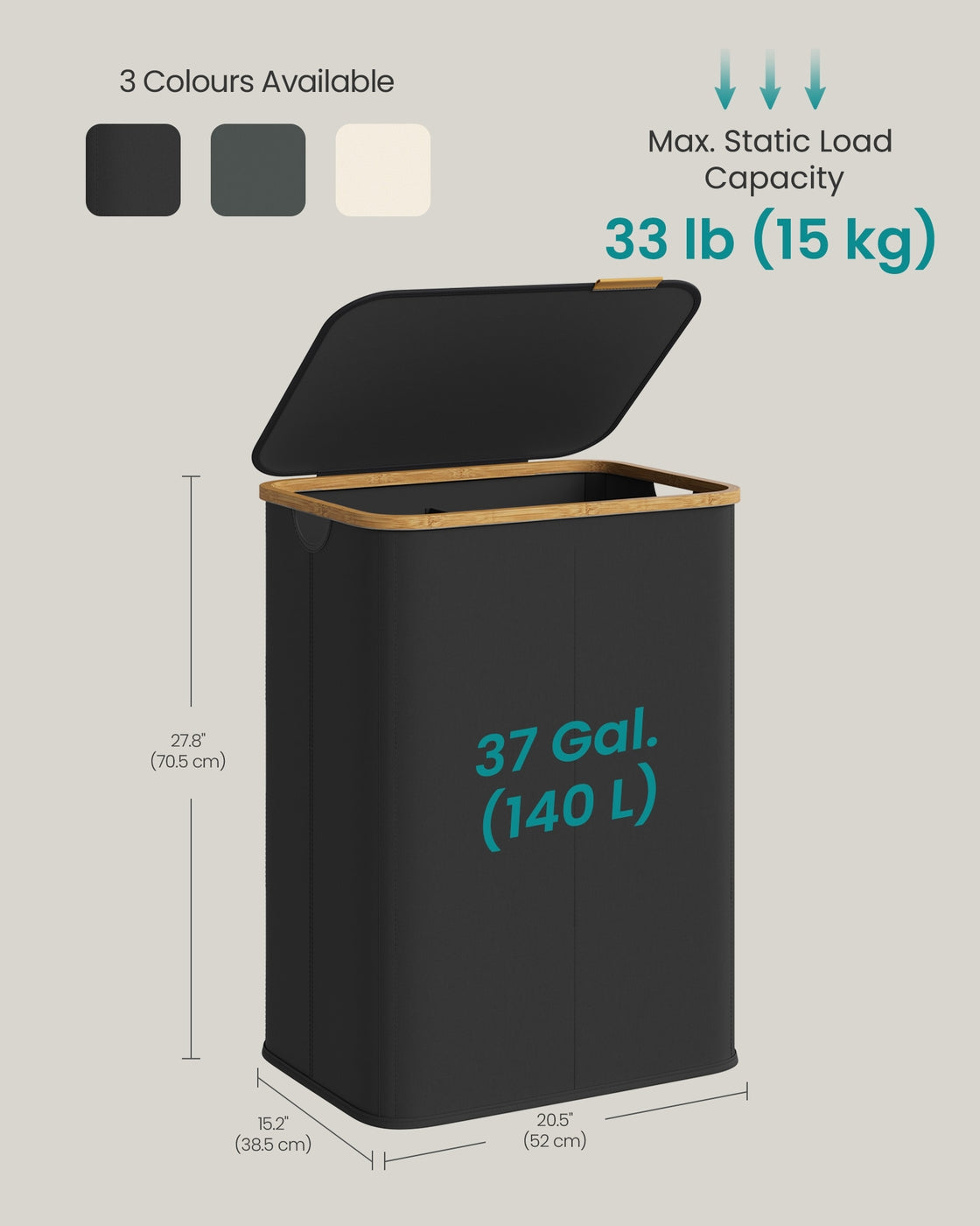 Laundry Hamper with Lid 26.4 Gal. (100 L) 42 x 32 x 70.5 cm Ink Black - image 40