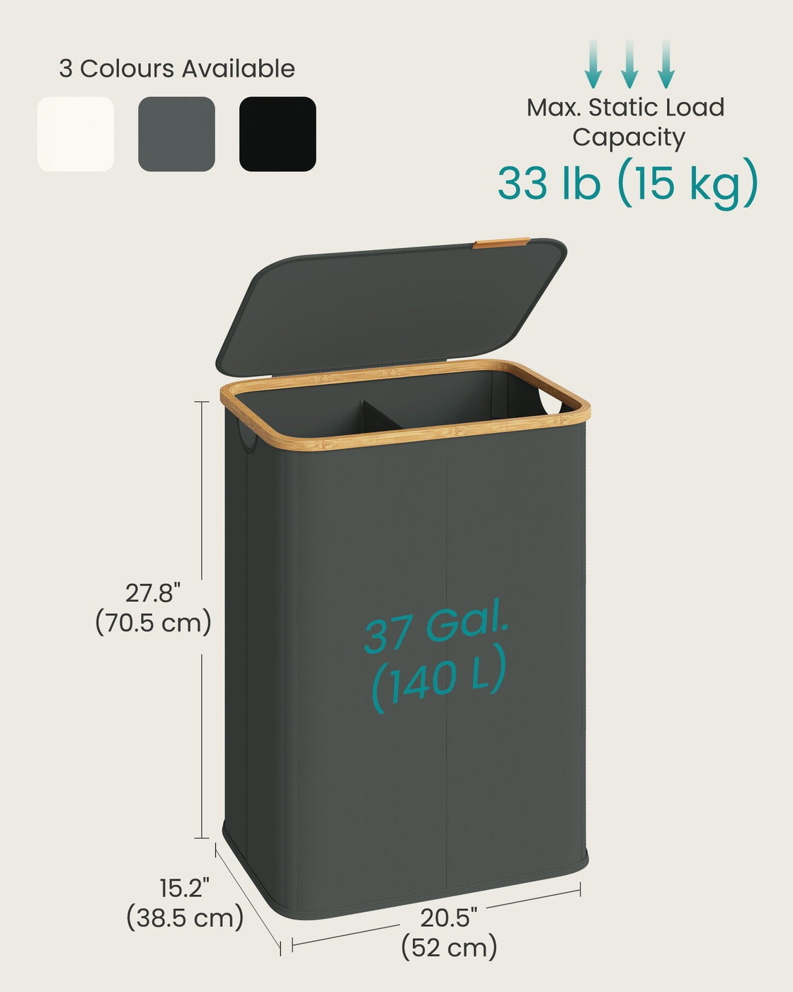 Laundry Hamper with Lid 26.4 Gal. (100 L) 42 x 32 x 70.5 cm Ink Black - image 42