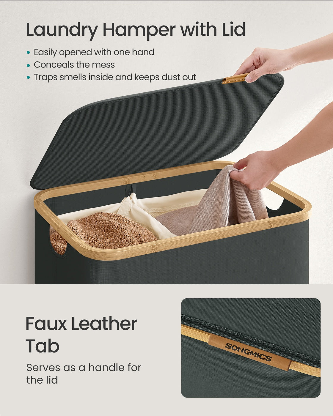 Laundry Hamper with Lid 26.4 Gal. (100 L) 42 x 32 x 70.5 cm Ink Black - image 45