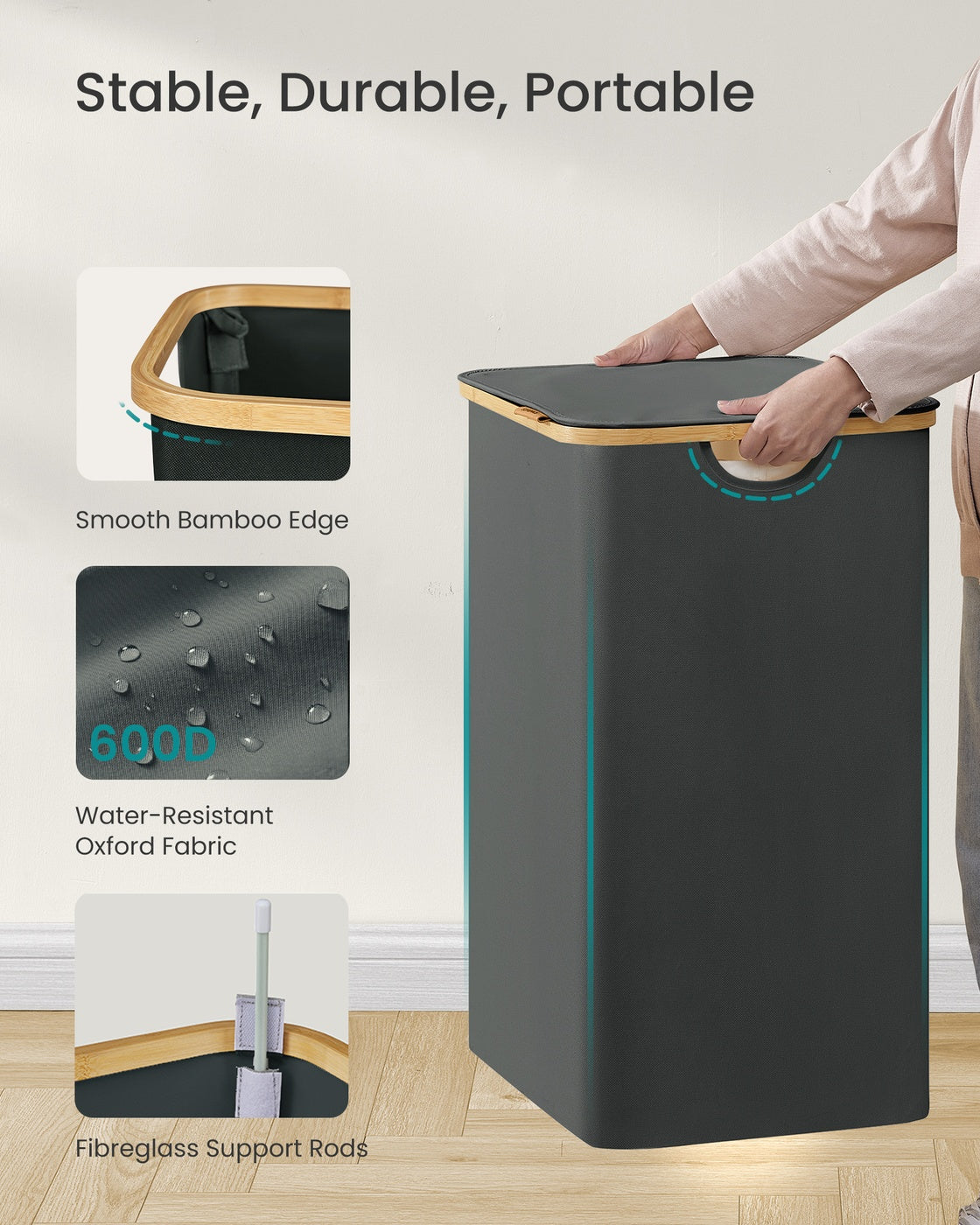Laundry Hamper with Lid 26.4 Gal. (100 L) 42 x 32 x 70.5 cm Ink Black - image 49