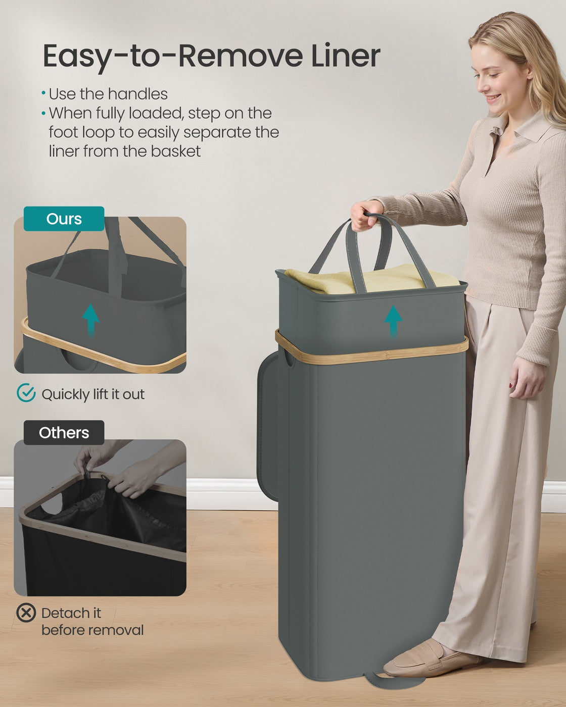 Laundry Basket, Removable Liner, 100 L, Slate Grey - image 3
