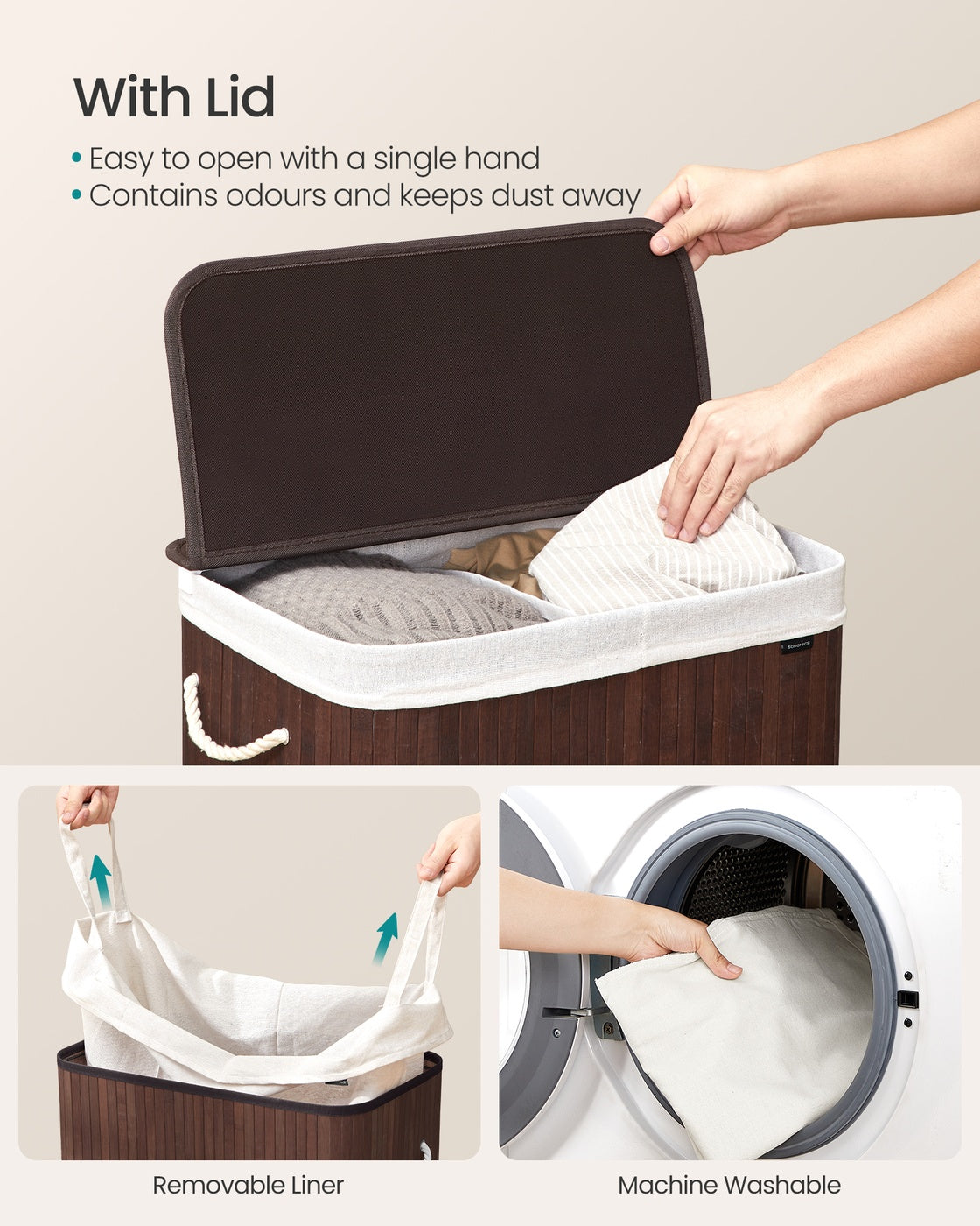 Laundry Basket, 100 L, 2 Compartments, Brown - image 3