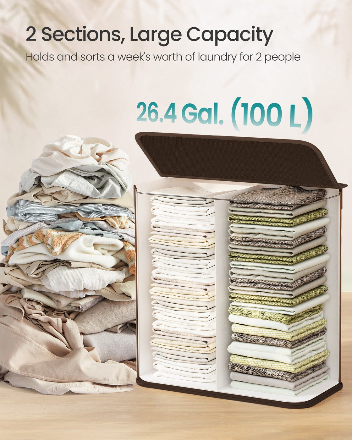 Laundry Basket, 100 L, 2 Compartments, Brown - image 4