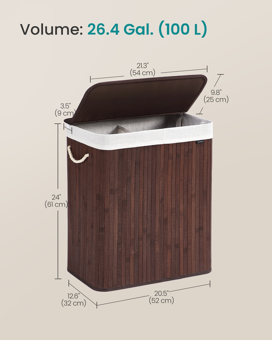 Laundry Basket, 100 L, 2 Compartments, Brown - image 5