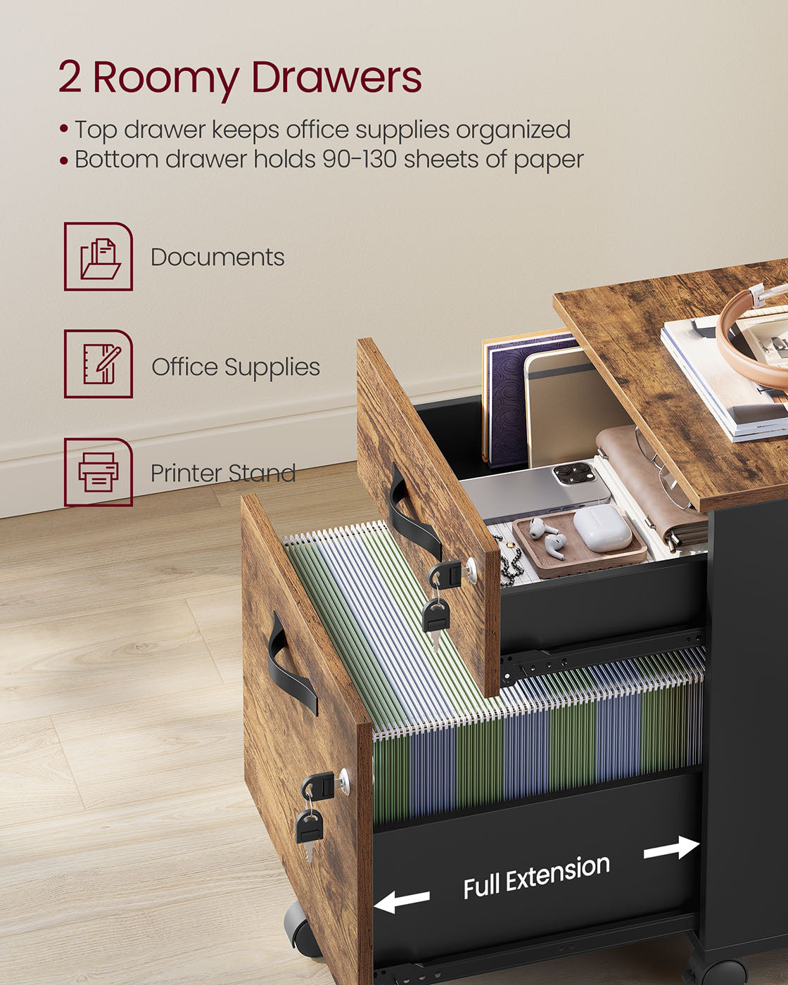 Lockable File Cabinet, Filing Pedestal with 2 Drawers - image 20