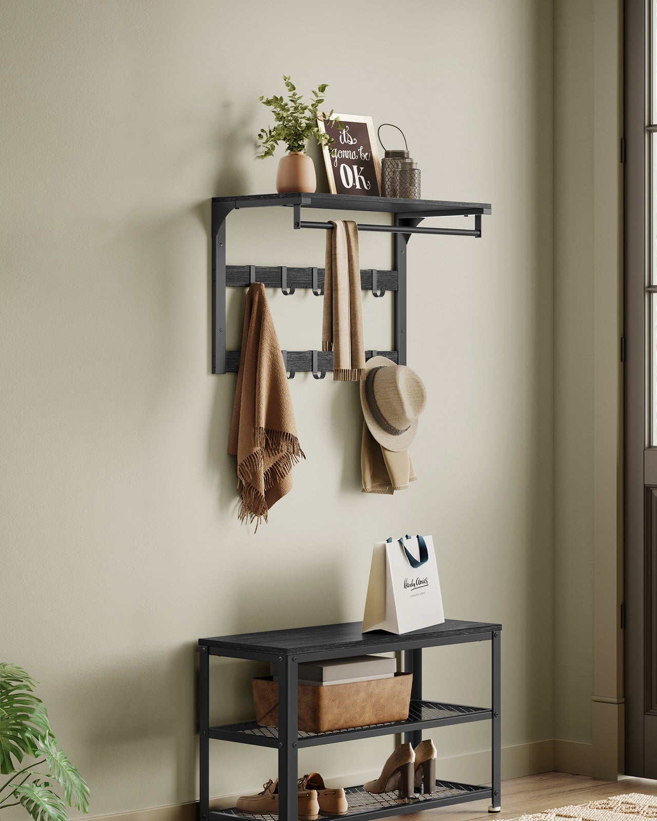 Coat Rack Wall-Mounted with 10 Hooks Charcoal Grey and Ink Black - image 2