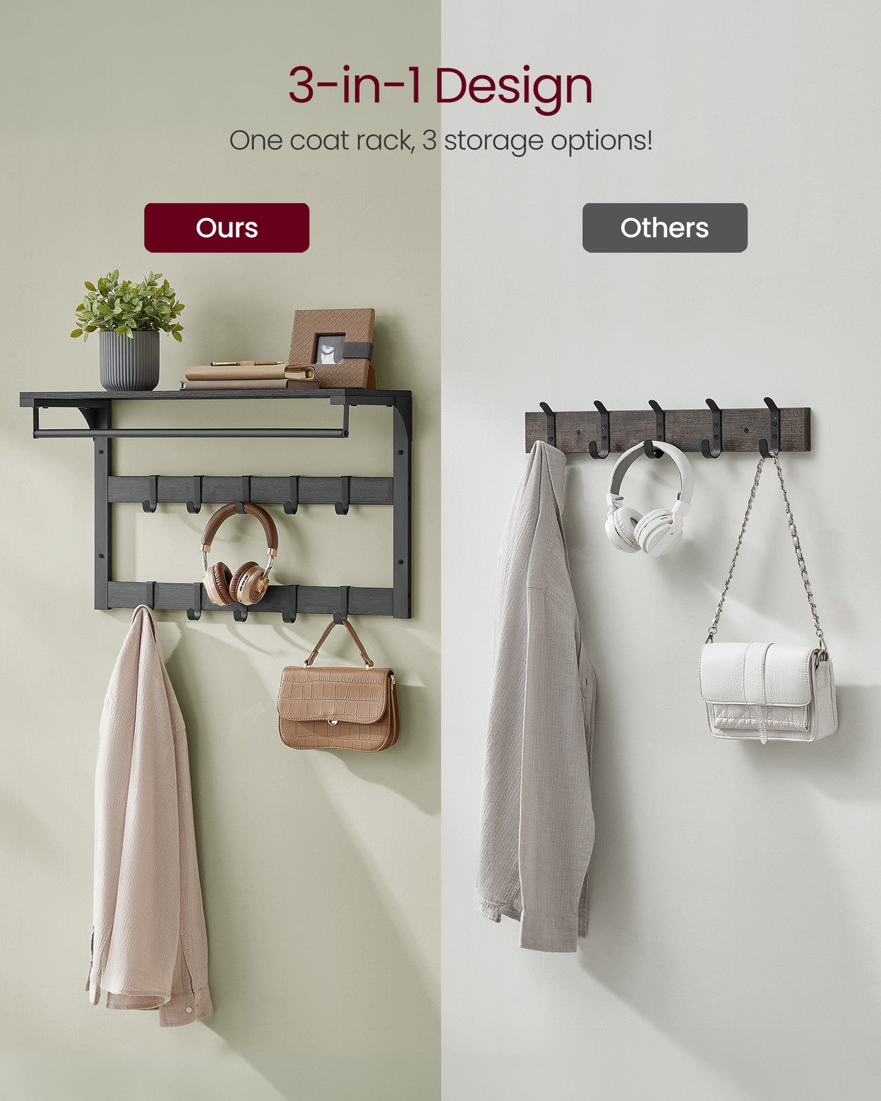 Coat Rack Wall-Mounted with 10 Hooks Charcoal Grey and Ink Black - image 3