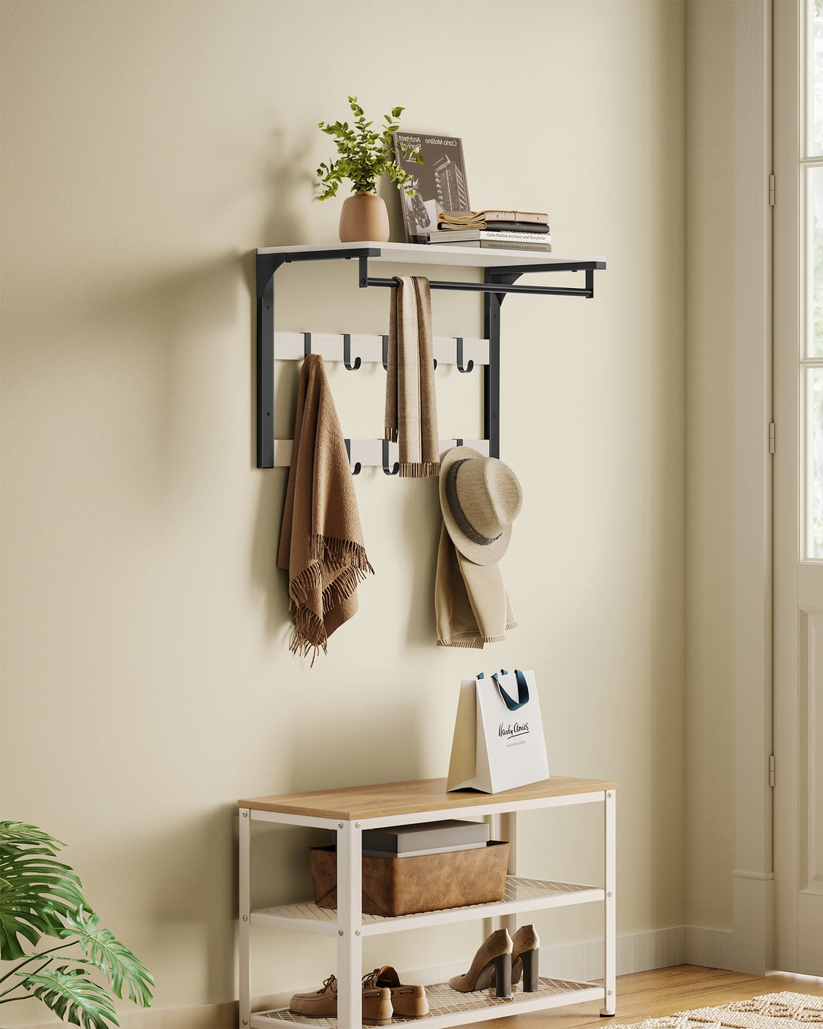 Coat Rack Wall-Mounted with 10 Hooks Rustic White and Ink Black - image 2