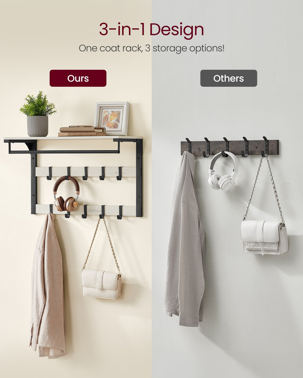Coat Rack Wall-Mounted with 10 Hooks Rustic White and Ink Black - image 3