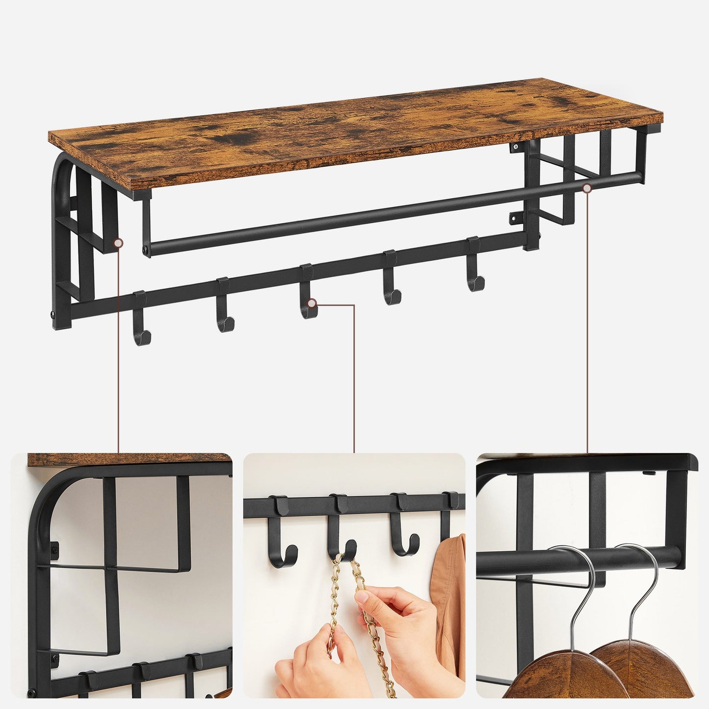 Coat Rack Wall-Mounted, Clothes Rail with 5 Removable Coat Hooks - image 8