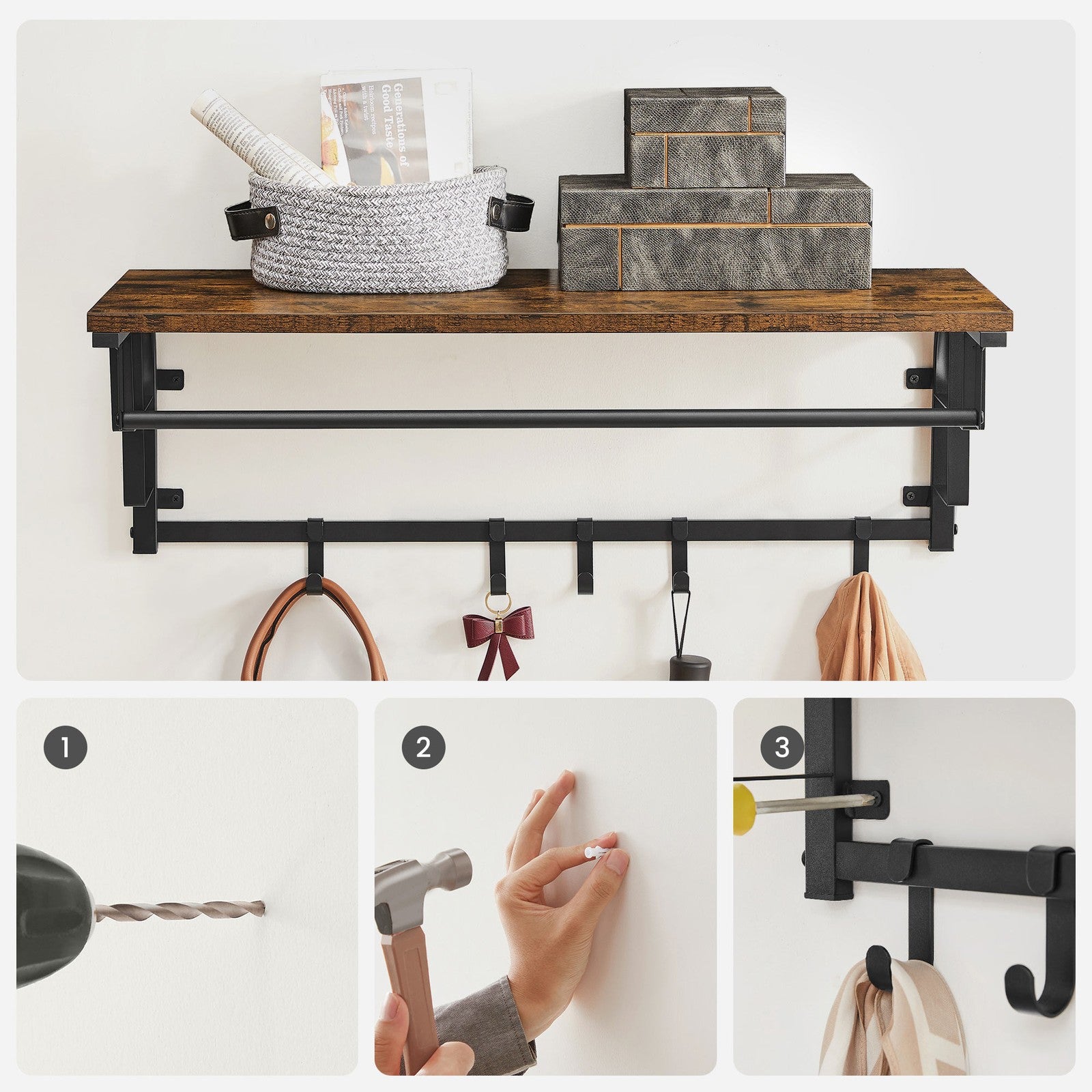 Coat Rack Wall-Mounted, Clothes Rail with 5 Removable Coat Hooks - image 9