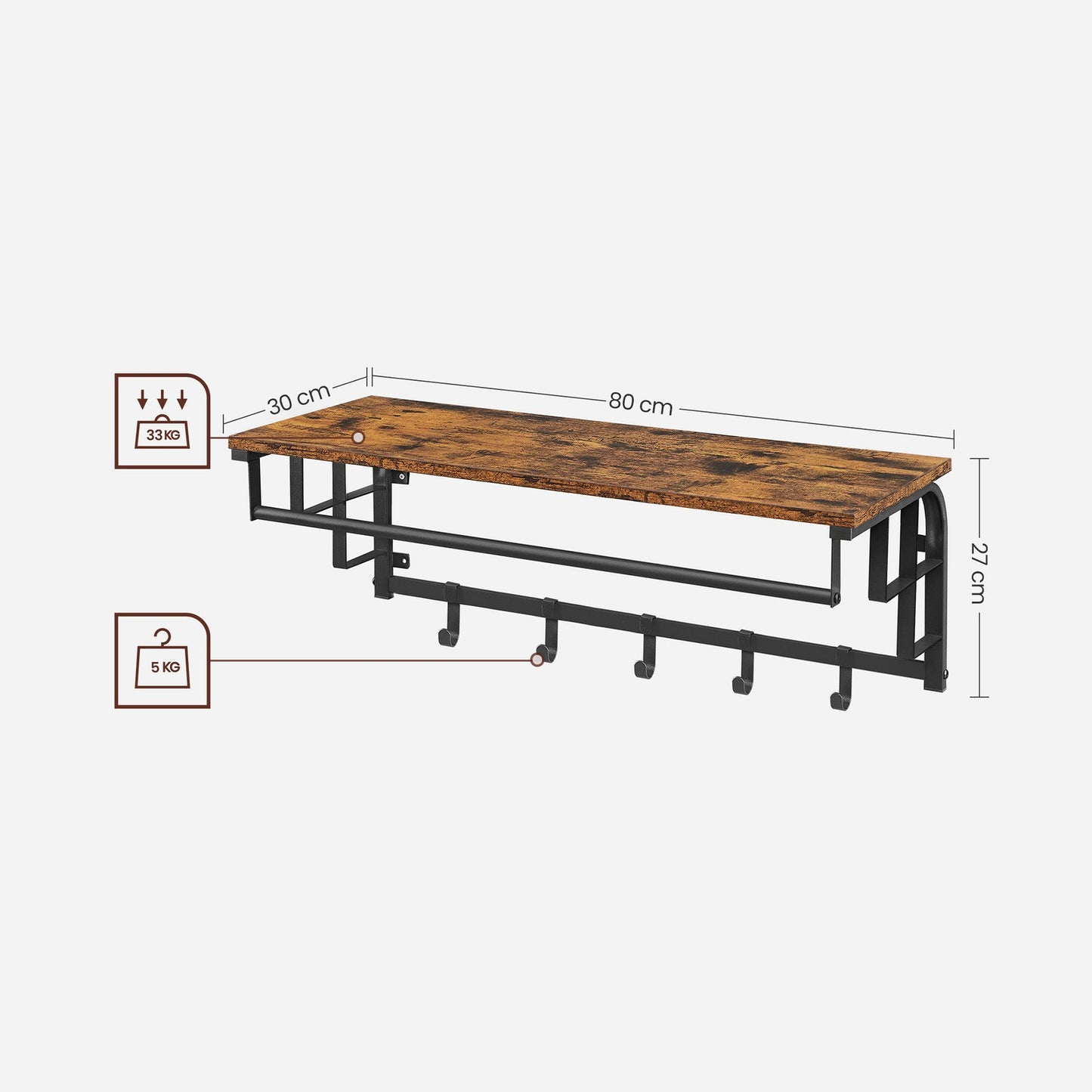 Coat Rack Wall-Mounted, Clothes Rail with 5 Removable Coat Hooks - image 10
