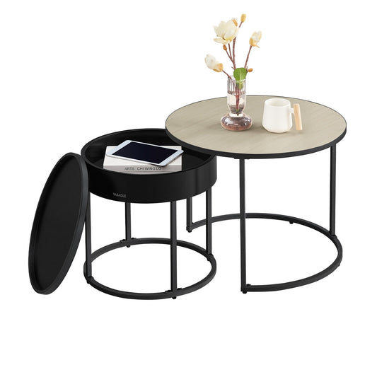 Set of 2 Round Side Tables Natural Beige and Ink Black - image 1