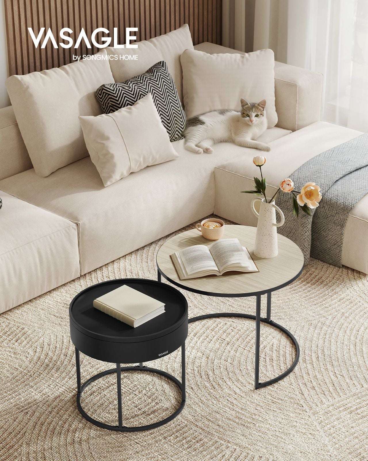 Set of 2 Round Side Tables Natural Beige and Ink Black - image 2