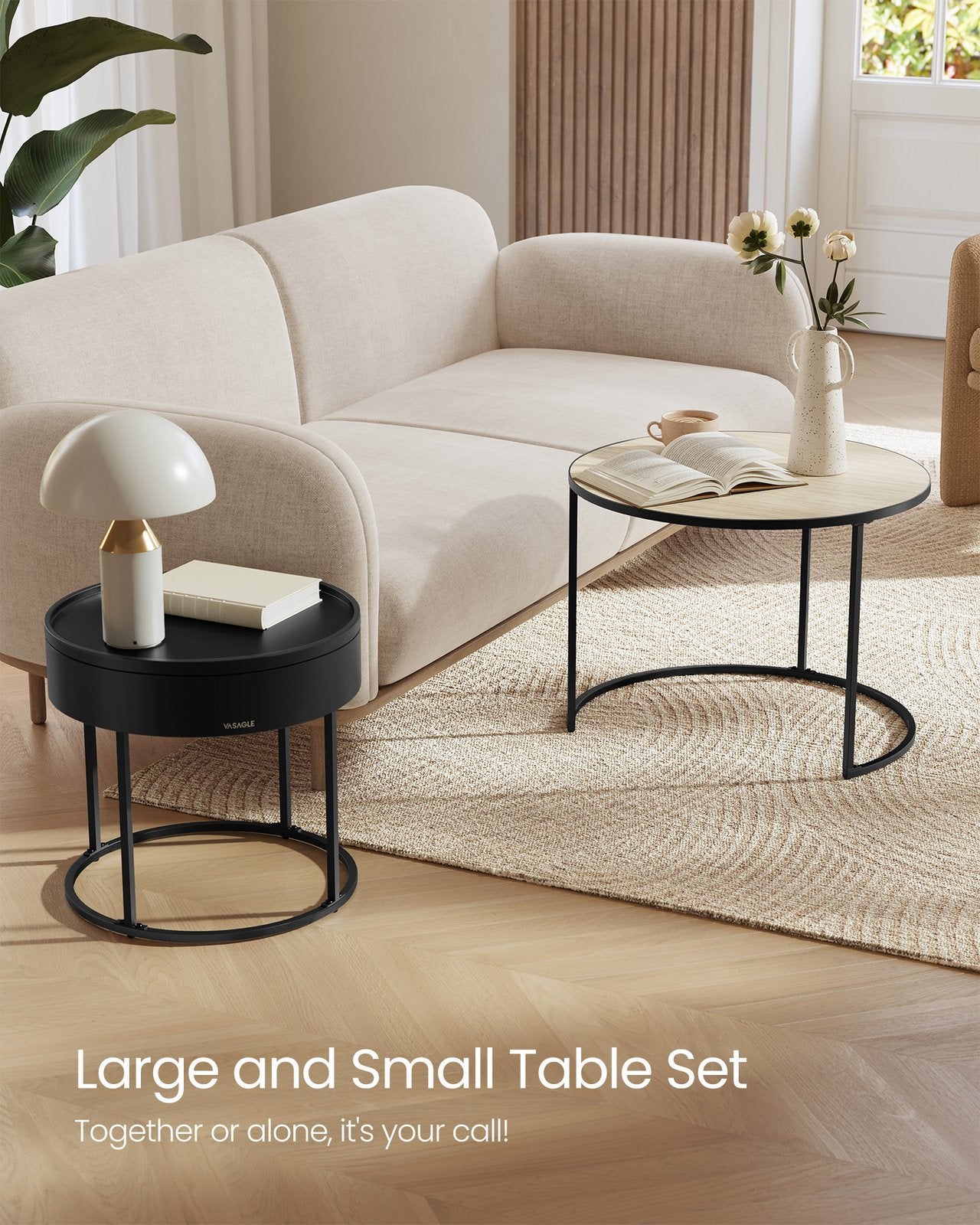 Set of 2 Round Side Tables Natural Beige and Ink Black - image 3
