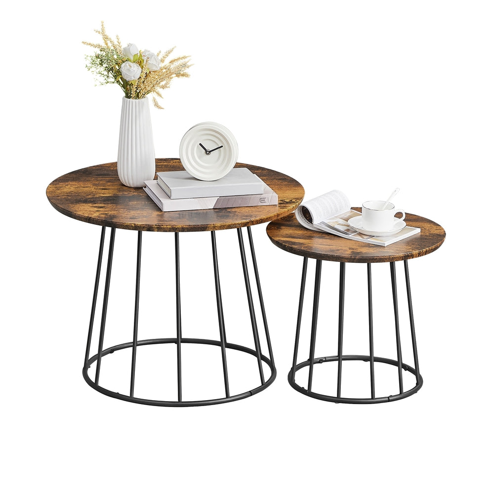 Set of 2 Round Coffee Tables with Steel Frames Rustic Brown - image 1