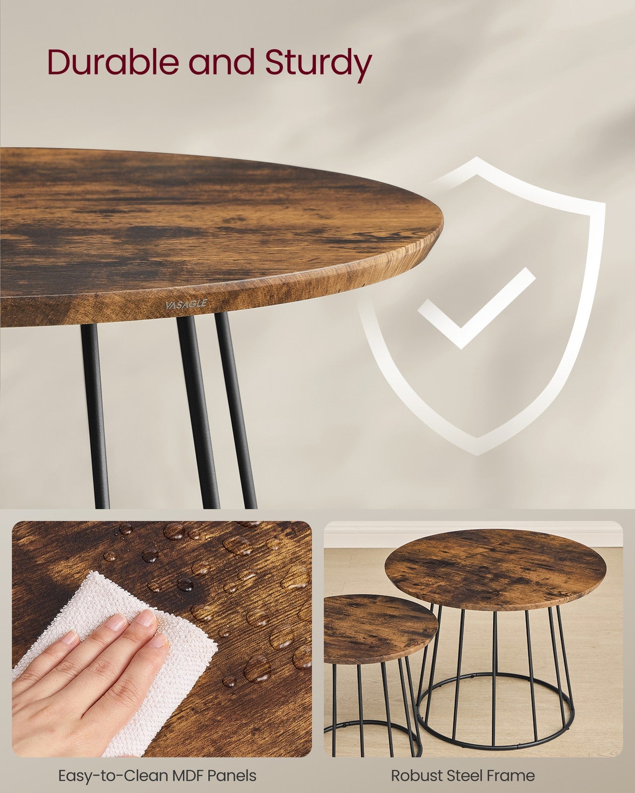 Set of 2 Round Coffee Tables with Steel Frames Rustic Brown - image 5