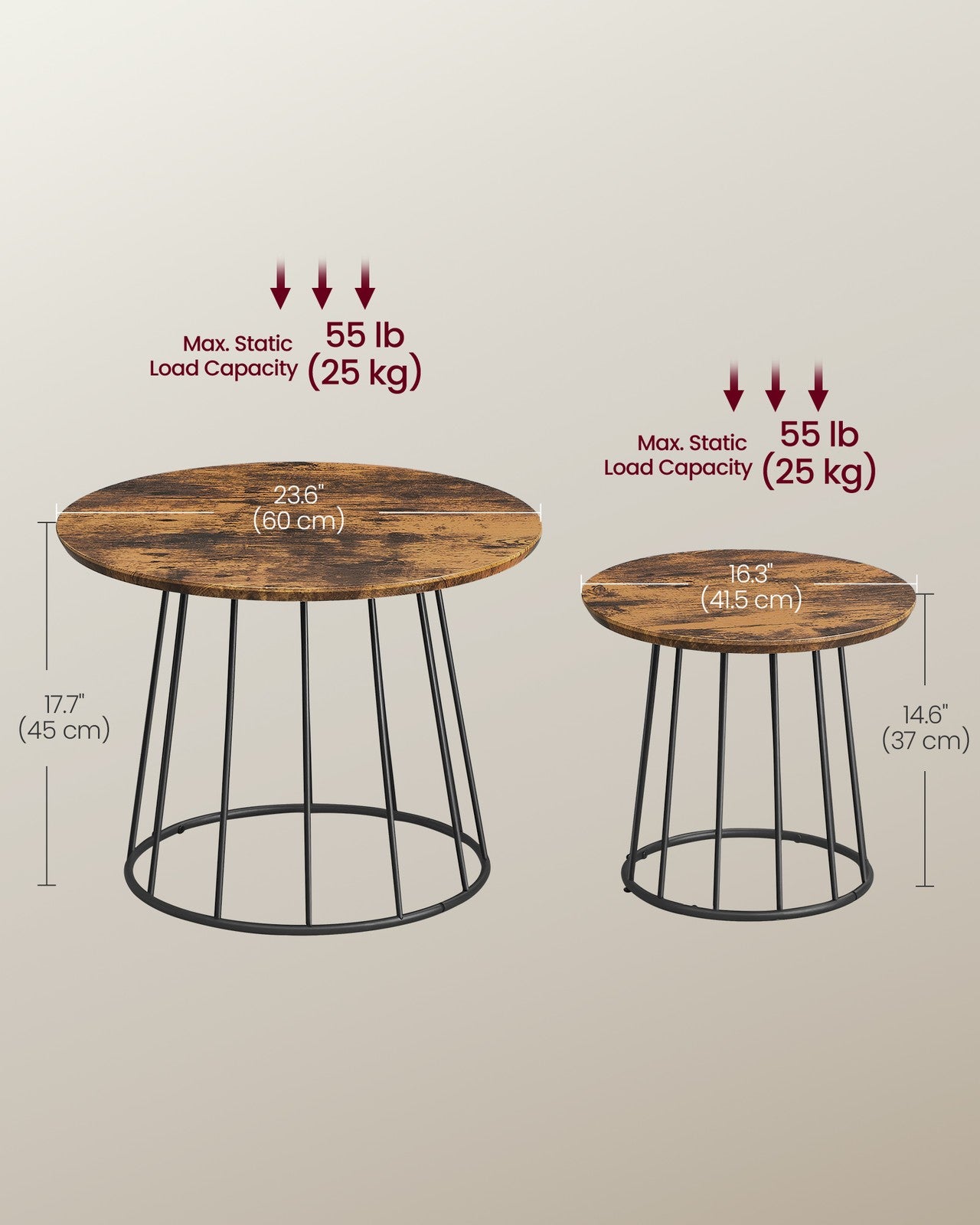 Set of 2 Round Coffee Tables with Steel Frames Rustic Brown - image 6