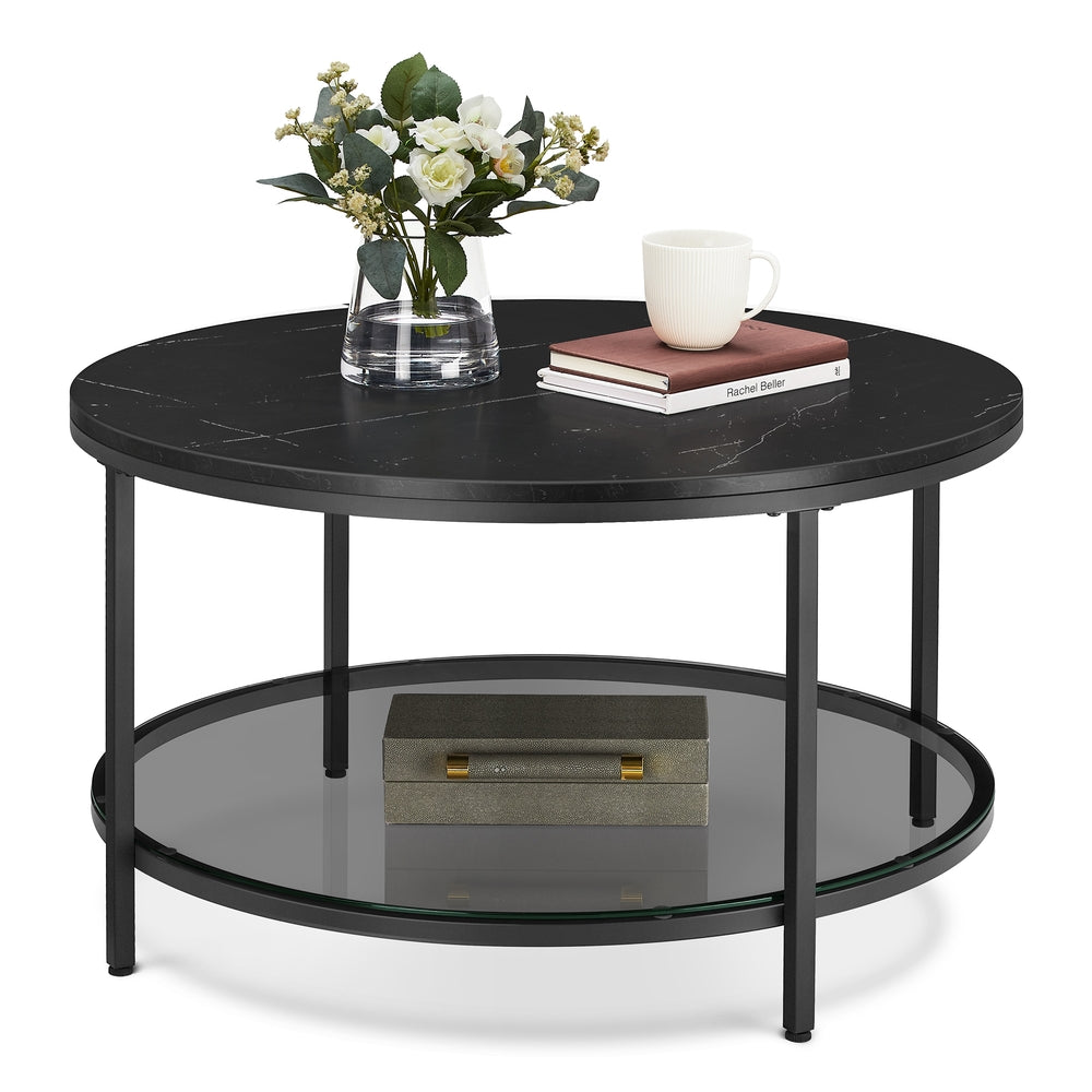 Faux Marble Round Coffee Table with Storage Shelf Marble Black and Ink Black - image 1